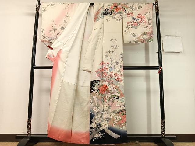 平和屋着物●訪問着　刺繍　地紙枝花鳥文　暈し染め　金彩　やまと誂製　正絹　逸品　CABD8007vp_1