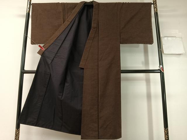 平和屋着物●男性　紬　アンサンブル　色無地　黒鳶色　正絹　逸品　未使用　CABD8047vp_1