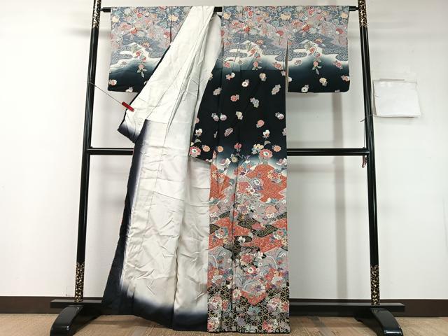平和屋着物●訪問着　更紗吉祥文　暈し染め　黒地　金彩　正絹　逸品　CABD8149vp_1