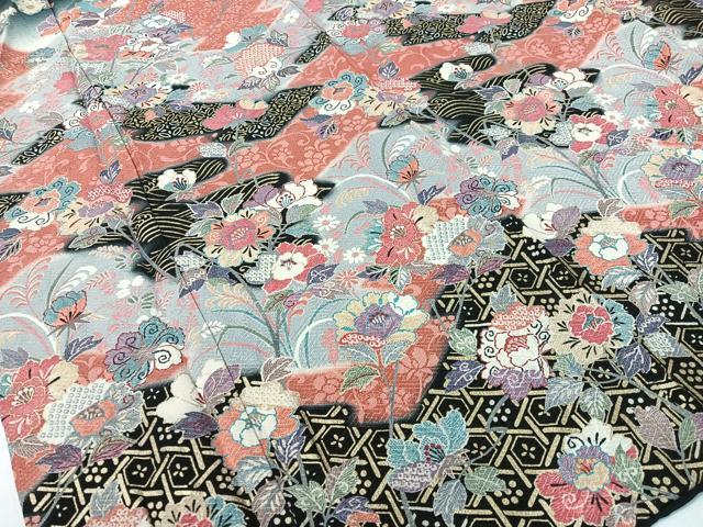平和屋着物●訪問着　更紗吉祥文　暈し染め　黒地　金彩　正絹　逸品　CABD8149vp_2