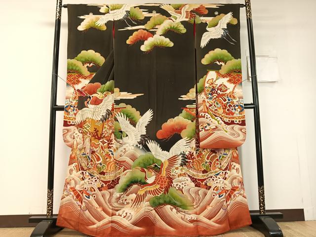 平和屋本店●アンティーク　大正ロマン　振袖　駒刺繍　飛鶴宝船浜松文　暈し染め　黒地　金彩　正絹　逸品　CABD8175vp