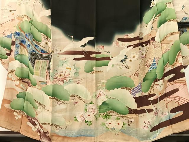 平和屋本店●アンティーク　大正ロマン　振袖　中国三大刺繍　相良刺繍　御所車飛鶴花松文　暈し染め　黒地　金糸　正絹　逸品　CABD8176vp_3