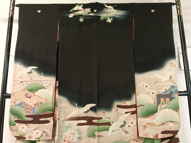 平和屋本店●アンティーク　大正ロマン　振袖　中国三大刺繍　相良刺繍　御所車飛鶴花松文　暈し染め　黒地　金糸　正絹　逸品　CABD8176vp_2