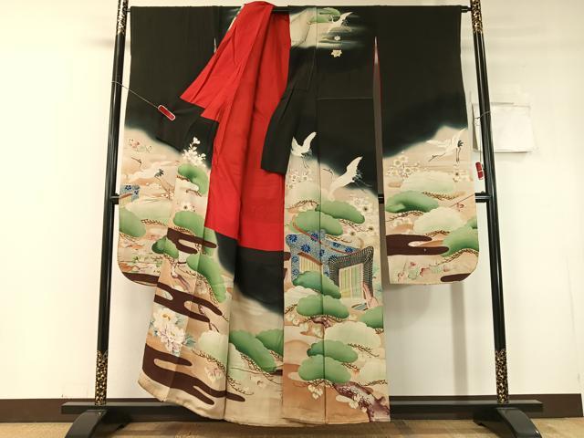 平和屋本店●アンティーク　大正ロマン　振袖　中国三大刺繍　相良刺繍　御所車飛鶴花松文　暈し染め　黒地　金糸　正絹　逸品　CABD8176vp_1