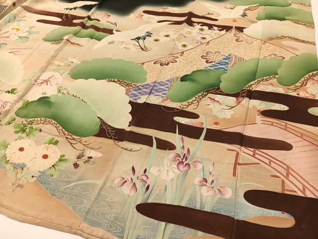 平和屋本店●アンティーク　大正ロマン　振袖　中国三大刺繍　相良刺繍　御所車飛鶴花松文　暈し染め　黒地　金糸　正絹　逸品　CABD8176vp_5