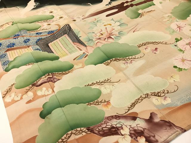 平和屋本店●アンティーク　大正ロマン　振袖　中国三大刺繍　相良刺繍　御所車飛鶴花松文　暈し染め　黒地　金糸　正絹　逸品　CABD8176vp_4