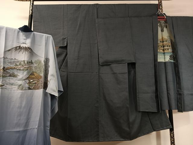 平和屋着物●男性　紬　アンサンブル　長襦袢セット　青褐色　正絹　逸品　未使用　CABD8188vp