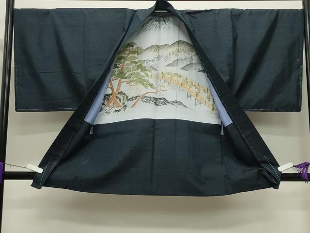 平和屋着物●男性　紬　髭紬羽織・長襦袢セット　色無地　濃藍色　正絹　逸品　CABD8903gh_4