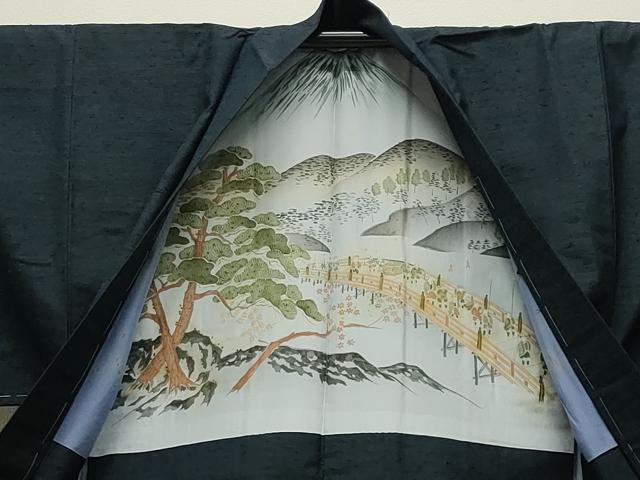 平和屋着物●男性　紬　髭紬羽織・長襦袢セット　色無地　濃藍色　正絹　逸品　CABD8903gh_5