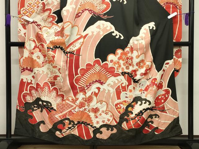 平和屋本店●アンティーク　大正ロマン　振袖　駒刺繍　立波松花文　黒地　金彩　正絹　逸品　CABD8924gh_2