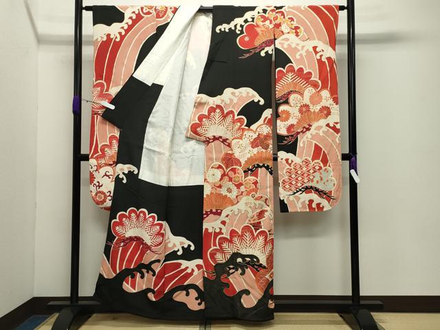 平和屋本店●アンティーク　大正ロマン　振袖　駒刺繍　立波松花文　黒地　金彩　正絹　逸品　CABD8924gh_3