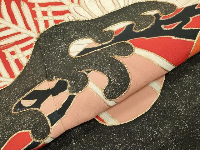 平和屋本店●アンティーク　大正ロマン　振袖　駒刺繍　立波松花文　黒地　金彩　正絹　逸品　CABD8924gh_6
