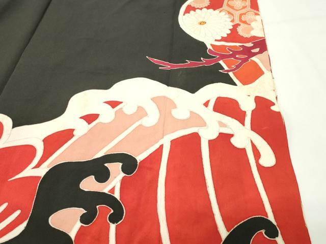 平和屋本店●アンティーク　大正ロマン　振袖　駒刺繍　立波松花文　黒地　金彩　正絹　逸品　CABD8924gh_5