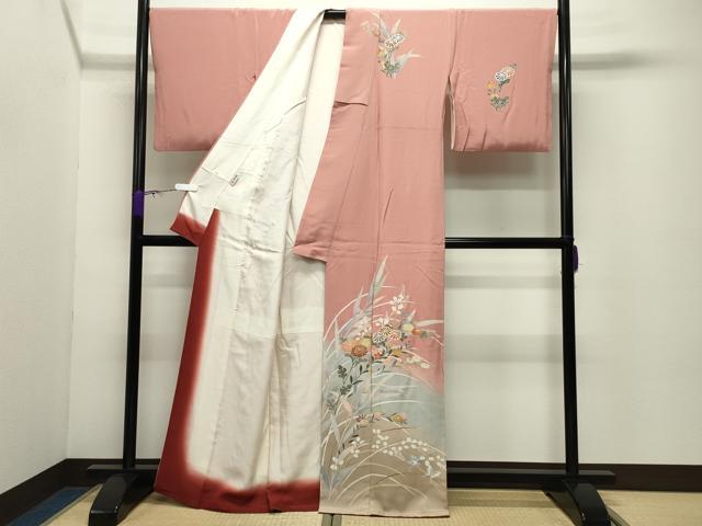 平和屋着物●訪問着　作家物　舞蝶草花文　暈し染め　金彩　正絹　逸品　CABD8934gh_1