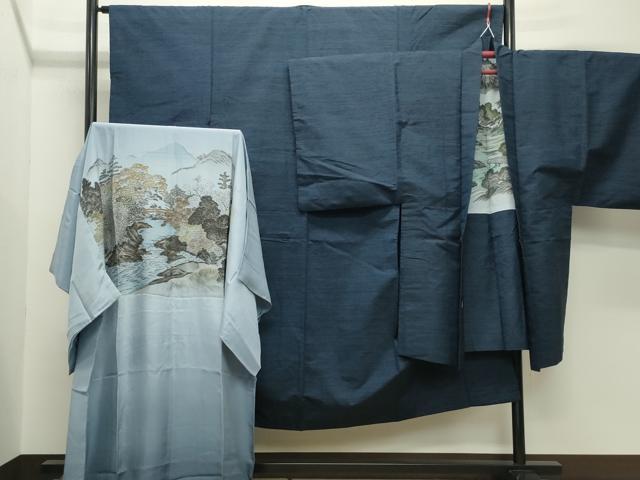平和屋着物●男性　紬　アンサンブル・長襦袢セット　霞文　正絹　逸品　CABD9088gh