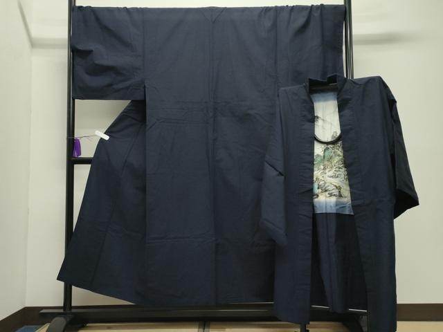 平和屋着物●男性　紬　アンサンブル　色無地　漆黒色　キングサイズ　正絹　逸品　CABD9090gh 平和屋着物○男性 紬 アンサンブル 色無地 漆黒色 キングサイズ 正絹