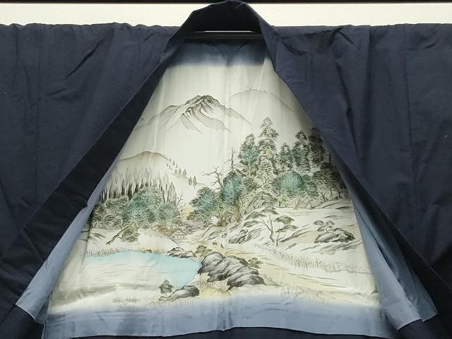 平和屋着物○男性 紬 アンサンブル 色無地 漆黒色 キングサイズ 正絹