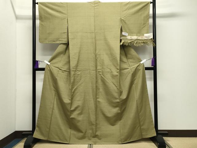 平和屋着物●山崎青樹作　草木染研究所　紬　草木染　老竹色　反端付き　正絹　逸品　未使用　CABD9117gh_1