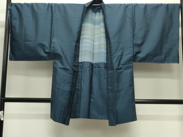 平和屋着物□男性 紬 アンサンブル 色無地 濃藍色 正絹 逸品
