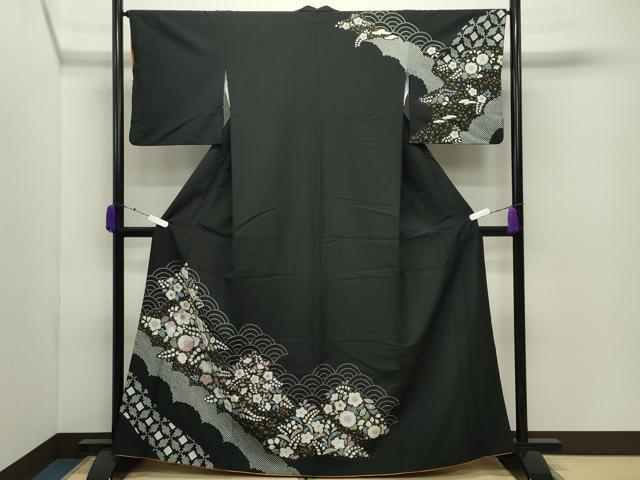 平和屋着物●訪問着　辻が花　黒地　金彩　洗える着物　CABD9225gh