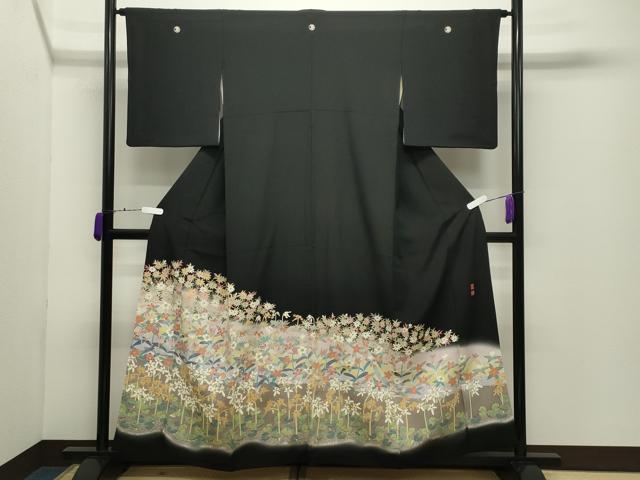 平和屋着物●本加賀友禅作家　百貫華峰　黒留袖　草花文　暈し染め　正絹　逸品　CABD9226gh
