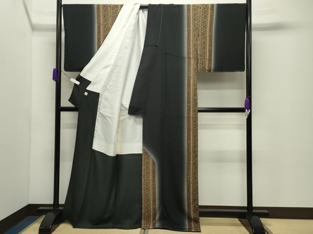 平和屋着物●訪問着　今井喜三郎　更紗花唐草間道　暈し染め　黒地　正絹　逸品　未使用　CABD9273gh_1