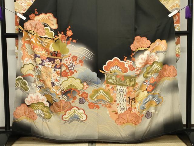 平和屋本店○アンティーク 大正ロマン 振袖 駒刺繍 几帳鳳凰松竹梅文