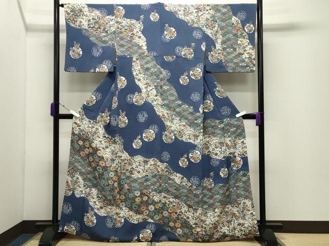 平和屋着物●江戸紅型　五味桂子　訪問着　雪輪花唐草文　鬼しぼ縮緬　正絹　逸品　CABD9305gh