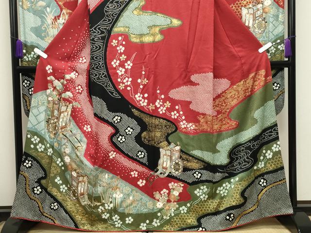 平和屋着物●豪華振袖　絞り　御所車花文　金銀彩　正絹　逸品　CABD9322gh_2