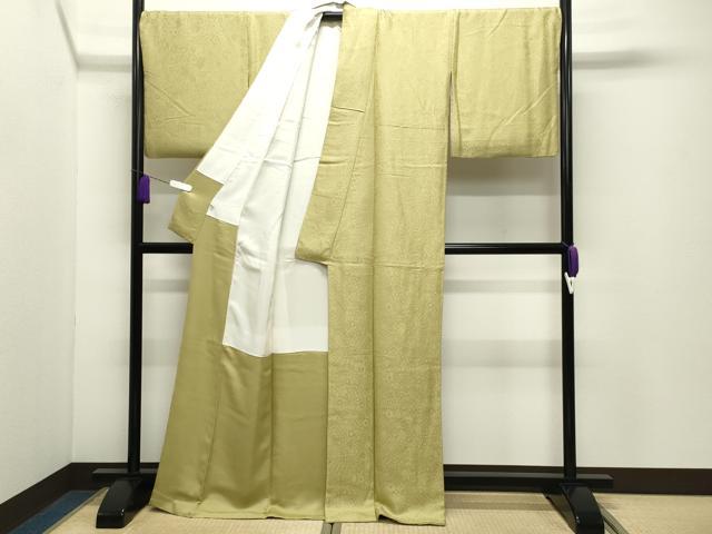 平和屋着物●上質な色無地　辻が花地紋　青朽葉色　ロング丈　正絹　逸品　CABD9396gh_2