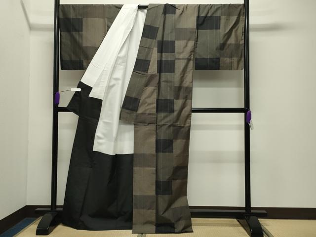 平和屋着物●上質な紬　市松文　正絹　逸品　CABD9462gh_2