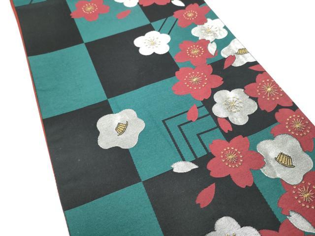 平和屋着物●六通柄袋帯　市松舞花文　金通し地　正絹　逸品　CABE0153hy_1