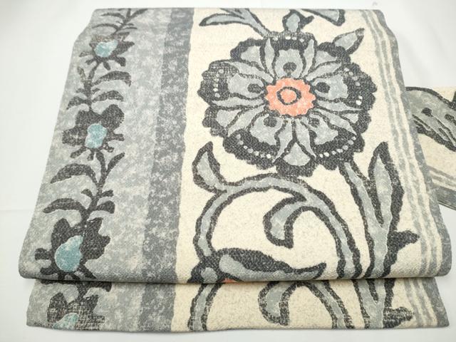 平和屋着物●全通柄　九寸名古屋帯　花唐草文　鬼しぼ縮緬　正絹　逸品　CABE0291hy 平和屋着物○全通柄 九寸名古屋帯 花唐草文 鬼しぼ縮緬 正絹 逸品