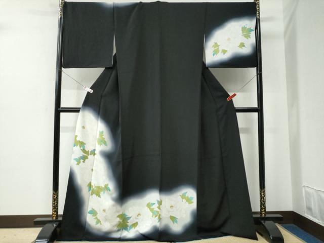 平和屋着物●訪問着　牡丹　暈し染め　黒地　金彩　ロング丈　正絹　逸品　CABE2253yc