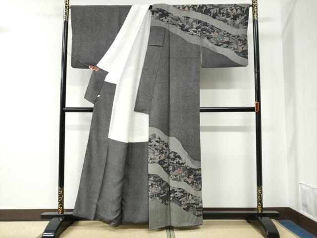 平和屋着物●人間国宝　初代六谷梅軒の息子　二代目　六谷梅軒(六谷博臣)江戸小紋　訪問着　道長人物風景文　黒地　正絹　逸品　CABE2254yc_1