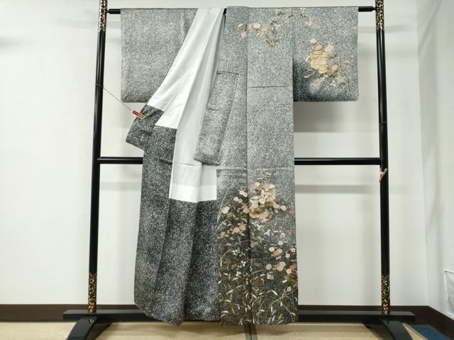 平和屋着物●訪問着　貝桶花筏文　たたき染め　黒地　金彩　正絹　逸品　CABE2353yc 平和屋着物○訪問着 貝桶花筏文 たたき染め 黒地 金彩 正絹 逸品