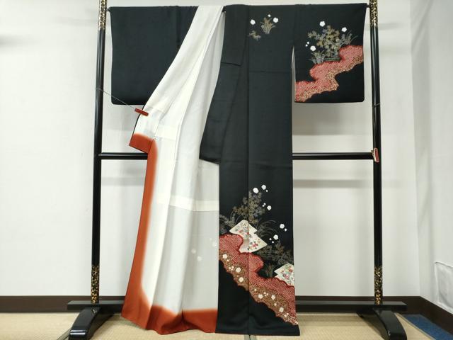 平和屋着物●訪問着　絞り　刺繍　鴛鴦松皮菱草花文　黒地　金彩　正絹　逸品　CABE2504yc_1