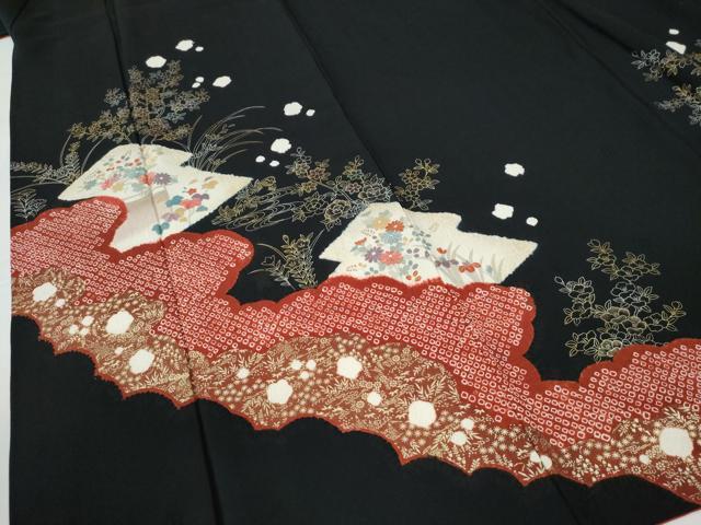平和屋着物●訪問着　絞り　刺繍　鴛鴦松皮菱草花文　黒地　金彩　正絹　逸品　CABE2504yc_3