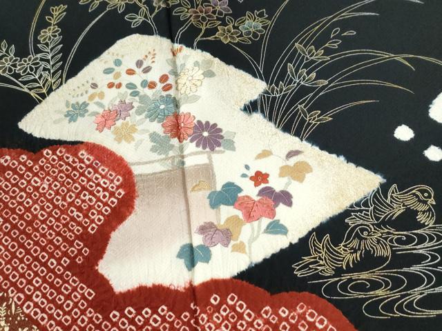 平和屋着物●訪問着　絞り　刺繍　鴛鴦松皮菱草花文　黒地　金彩　正絹　逸品　CABE2504yc_2