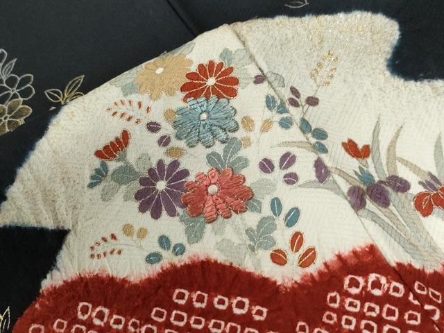平和屋着物●訪問着　絞り　刺繍　鴛鴦松皮菱草花文　黒地　金彩　正絹　逸品　CABE2504yc_4