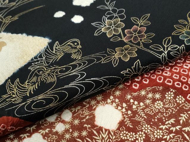 平和屋着物●訪問着　絞り　刺繍　鴛鴦松皮菱草花文　黒地　金彩　正絹　逸品　CABE2504yc_5