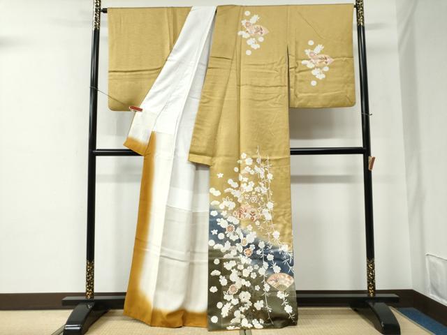 平和屋着物●訪問着　扇面花蝶文　暈し染め　金彩　正絹　逸品　CABE2514yc_1