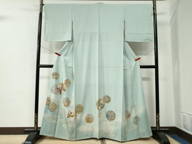 平和屋着物●色留訪問着　駒刺繍　流水雪輪鼓飛鶴牡丹花文　暈し染め　金彩　正絹　逸品　CABE2518yc 平和屋着物○色留訪問着 駒刺繍 流水雪輪鼓飛鶴牡丹花文 暈し染め 金彩