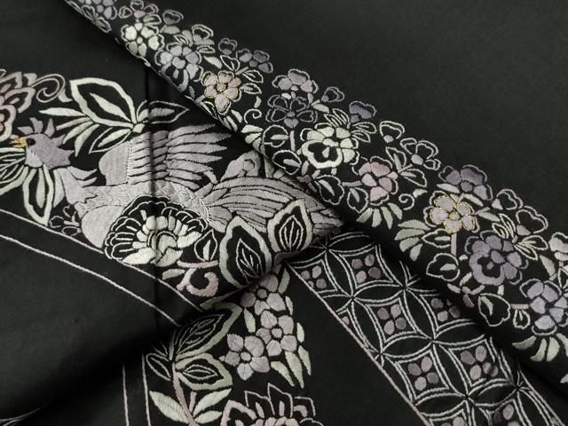 平和屋着物●訪問着　駒刺繍　総刺繍　鬘帯鳳凰更紗吉祥花文　黒地　金糸　ますいわ屋扱い　正絹　逸品　CABE2543yc