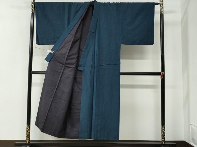 平和屋着物●男性　紬　アンサンブル　色無地　濃紺地　正絹　逸品　CABE2602yc_1