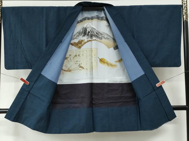 平和屋着物●男性　紬　アンサンブル　色無地　濃紺地　正絹　逸品　CABE2602yc_7