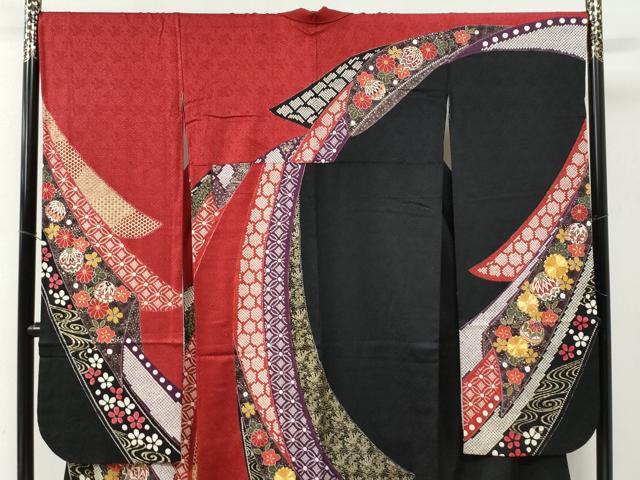 平和屋着物●豪華振袖　駒刺繍　絞り　熨斗吉祥流水毬花文　黒地　金彩　正絹　逸品　CABE2635yc_1