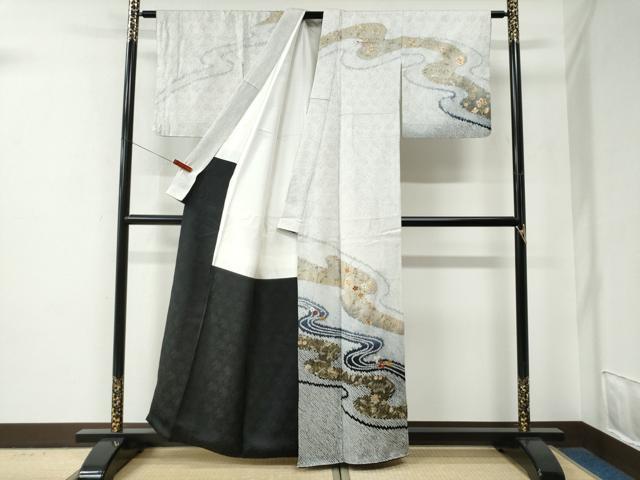 平和屋着物●訪問着　総絞り　駒刺繍　流水更紗草花文　暈し染め　金彩　正絹　逸品　未使用　CABE2761yc_1