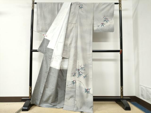平和屋着物●訪問着　紬地　手描き　枝花文　正絹　逸品　未使用　CABE2834yc_1