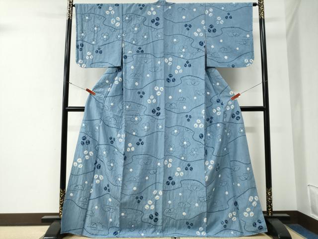 平和屋着物●上質な紬　絞り　藍　舞花文　正絹　逸品　未使用　CABE3192yc_1